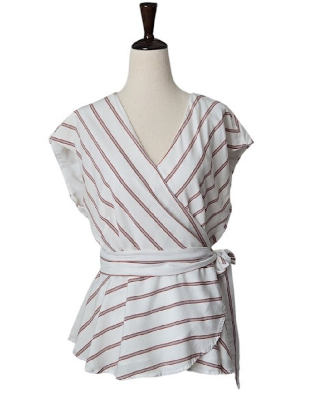 LOFT Striped Wrap Blouse Tie Waist Peplum Top White Size M EUC